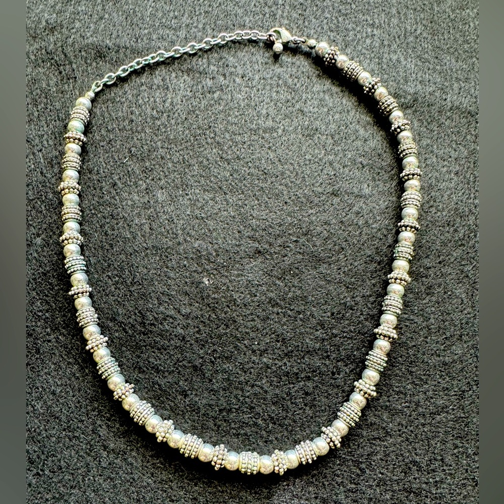 17” silver metallic vintage beaded necklace.